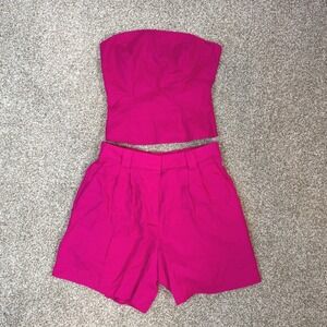 Express Hot Pink Linen Blend Shorts Tube Top Set Womens XS/S Resort Vacation